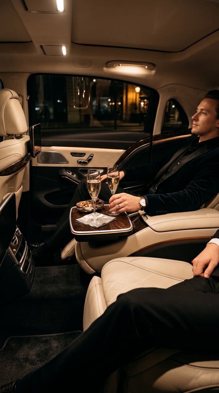 Rear cabin of a luxury saloon with champagne served